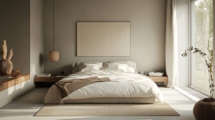 Minimalist bedroom with natural light and serene decor elements for a calming atmosphere