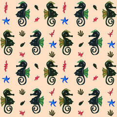 Watercolor illustration with seahorses and seaweed on a peach background. Suitable pattern for textiles, wallpaper and wrapping paper design.Summer mood