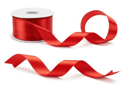 Red satin ribbon roll and curls isolated on white background