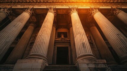 Majestic neoclassical columns of an ancient building warmly lit at sunset in a historic district