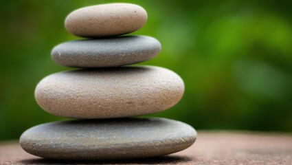 Four smooth stones rest in a balanced stack against a blurred green background