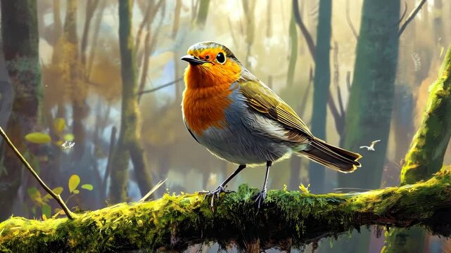 Curious robin perched amidst lush forest in springtime morning light