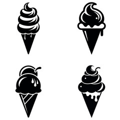 Four Ice Cream Cone Variations Black and White Dessert Graphics for Food Illustrations