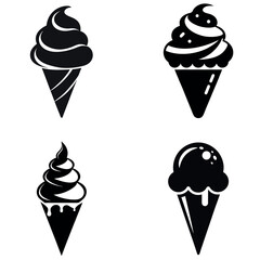 Four Black and White Ice Cream Cone Icons with Different Designs and Textures