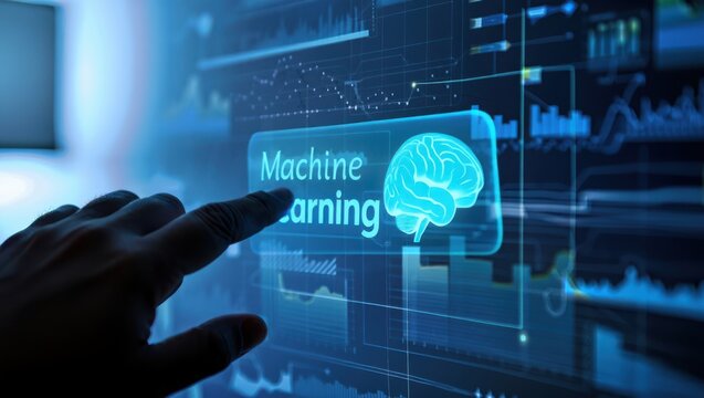 A hand interacts with a futuristic interface displaying the words machine learning and a glowing brain - Powered by Adobe