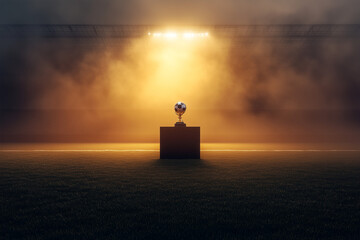 Soccer Ball Trophy on Pedestal at Sunset in Stadium for Award Presentation