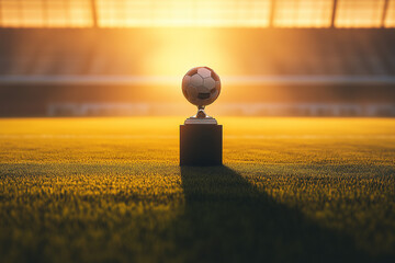 Soccer Ball Trophy on Pedestal at Sunset in Stadium for Award Presentation