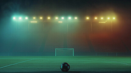 Soccer Ball on Foggy Stadium Field Background for Dramatic Sports Design