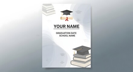 Graduation announcement design with cap, diploma, books and customizable text area