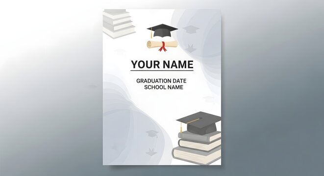 Graduation announcement design with cap, diploma, books and customizable text area