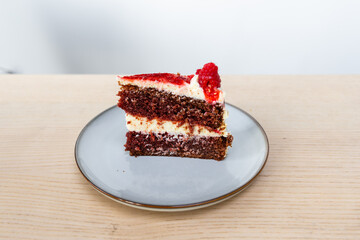 A slice of red velvet cake.