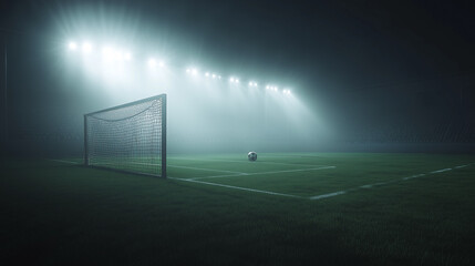 Soccer Ball on Foggy Stadium Field Background for Dramatic Sports Design