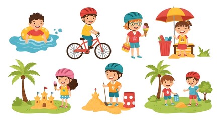 Children enjoying summer activities like swimming cycling and building sandcastles happily