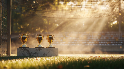 Three Championship Trophies on Football Field Background for Victory Celebration