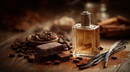Closeup of perfume bottle surrounded by coffee beans, chocolate pieces, and vanilla pods on rustic wooden surface, creating warm and inviting atmosphere