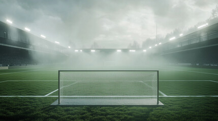 Soccer Ball on Foggy Stadium Field Background for Dramatic Sports Design