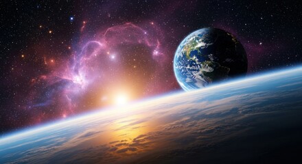 Obraz premium Earth seen from space, with a vibrant nebula and sunrise.