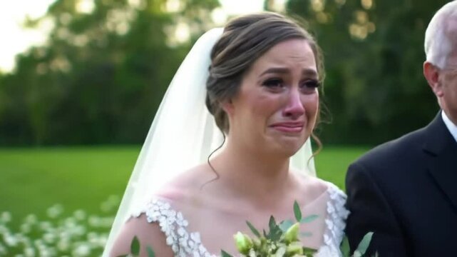 An emotional bride with tears, celebrating love in a beautiful outdoor setting.