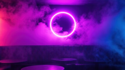 Pink neon circle with purple smoke background for synthwave music or cyberpunk design