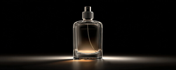 Sleek perfume bottle illuminated against dark background, showcasing its elegant design and subtle gradient of color. soft glow highlights bottle contours, creating sophisticated atmosphere
