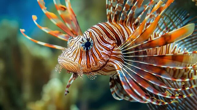 A vibrant lionfish swims gracefully through its underwater habitat.