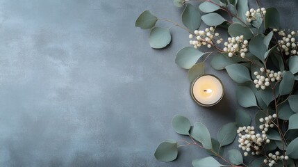 A candle and eucalyptus sprigs on a gray surface
