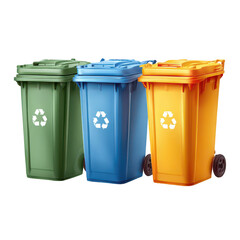 Colorful recycling bins in a row showcasing green, blue, and yellow containers for waste separation and eco-friendly waste management practices