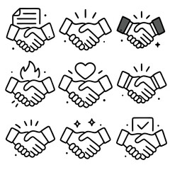 Handshake icon featuring nine unique black and white line drawings of handshakes with various symbols, ideal for business and communication concepts.