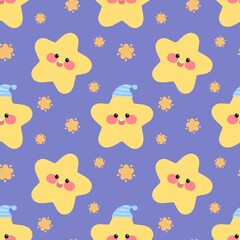 Cute seamless pattern of smiling yellow stars with kawaii faces and night hats on a purple background. Perfect for baby products, kids fabric, or nursery decor.