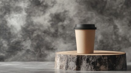 Light brown disposable coffee cup on a wooden stump