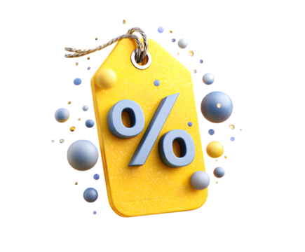 A yellow price tag with a blue percentage sign surrounded by blue and yellow spheres isolated on transparent background - Powered by Adobe