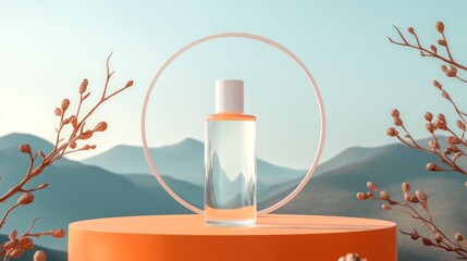 Cosmetic bottle on orange pedestal