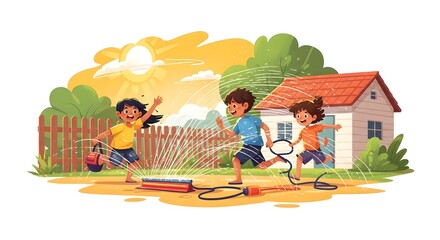 Children playing with a sprinkler in the yard on a sunny day near a house and fence