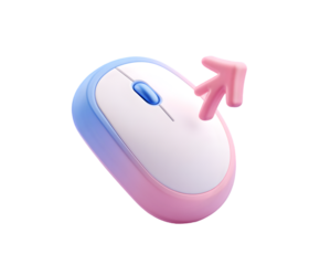 A wireless computer mouse with a pink arrow pointing up and right, isolated on transparent background