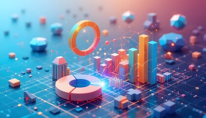 Abstract data visualization with charts and connected network