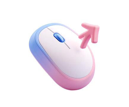 A wireless computer mouse with a pink arrow pointing up and right, isolated on transparent background