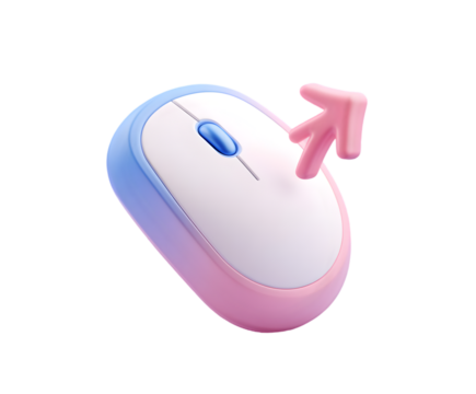A wireless computer mouse with a pink arrow pointing up and right, isolated on transparent background - Powered by Adobe