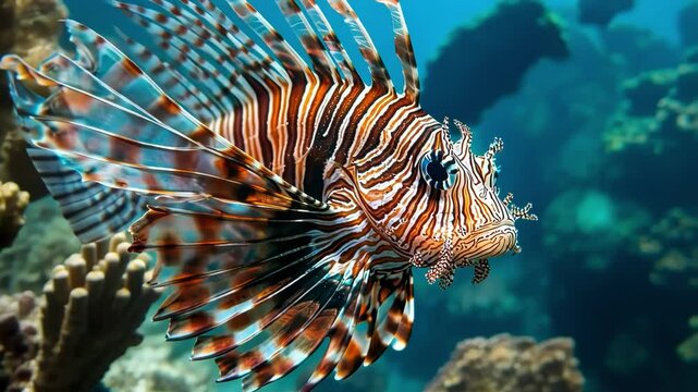 A beautifully detailed lionfish swimming in a colorful coral reef.