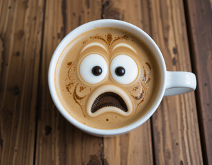Funny coffee cup with latte art depicting a sad face on wooden table with copy space