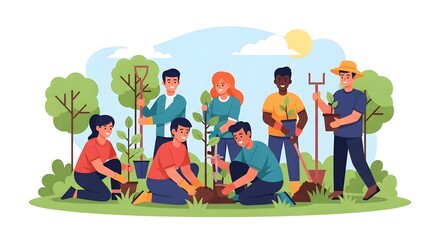 Fototapeta premium Group of people planting trees in a park on a sunny day with gardening tools shown