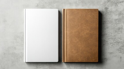 Two blank notebooks, one white, one brown leather-like, on a grey concrete surface