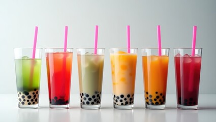 A row of six vibrant, colorful bubble tea drinks, each in a tall, crystal-clear transparent glass, filled with ice and an abundance of large, chewy, round tapioca pearls, adorned with a bright pink, f
