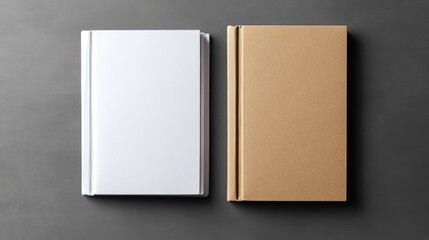 Two blank books, white and tan, on gray surface