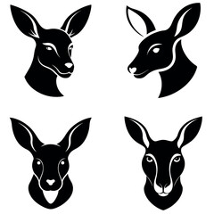 Black and White Silhouette Four Unique Kangaroo Head Design Variations