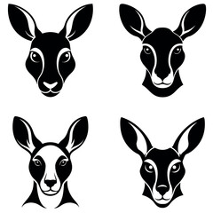 Four Kangaroo Heads Black and White Illustrations of Distinctive Facial Features