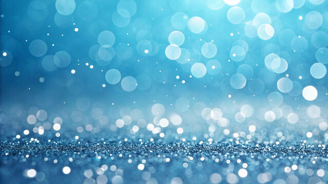 Gradient blue background decorated with glitter, bokeh and ribbons.