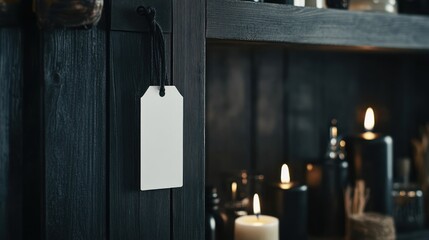 Empty white tag hangs on dark wood cabinet.  Candles and bottles are displayed