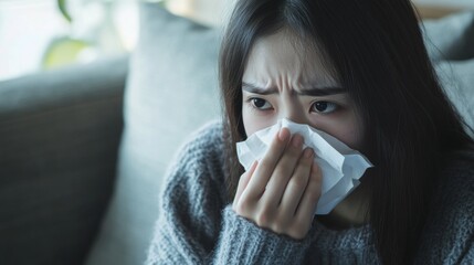 Young Asian Woman with Flushed Face Sitting on Couch with Fever Symptoms