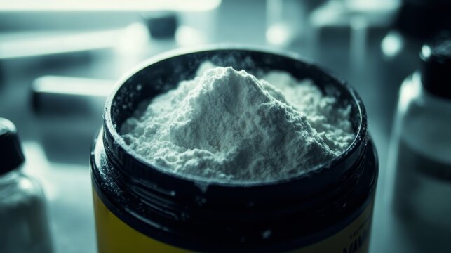 Hazardous White Powder in Container with Warning About Chemical Risks