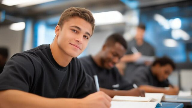 Teens in uniforms engage in a classroom setting at a juvenile detention center.